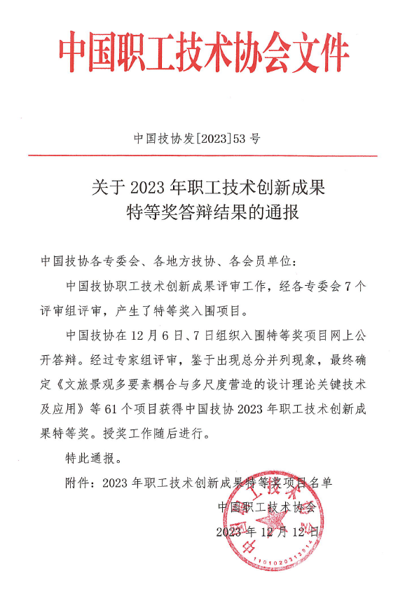 公司成果获中国技协2023年职工技术成果特等奖